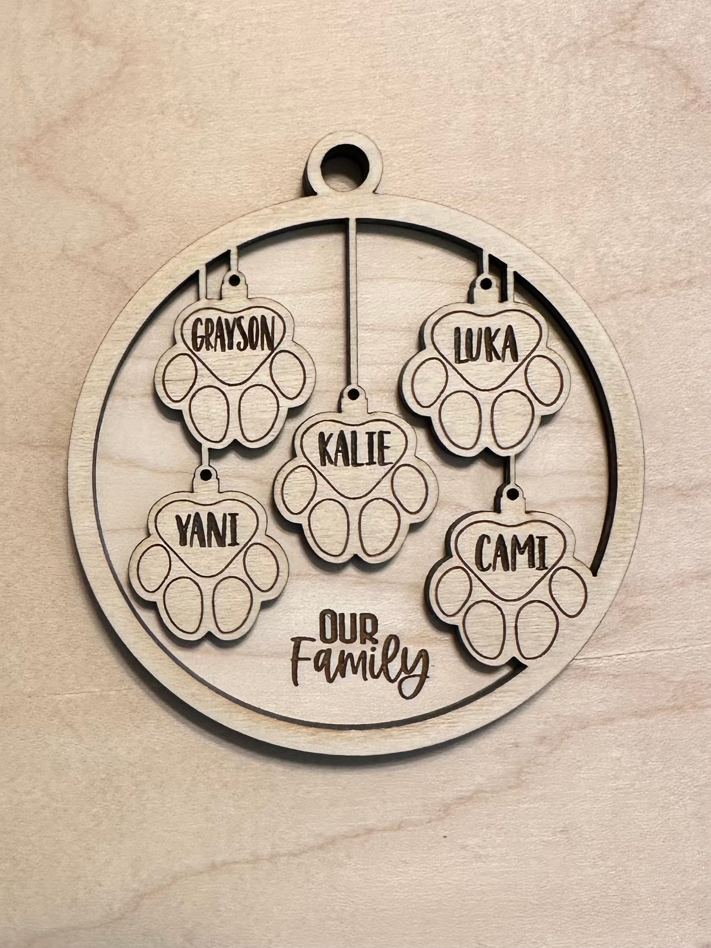 Our Family with Pet Paws - Personalized Wood Engraved Ornament