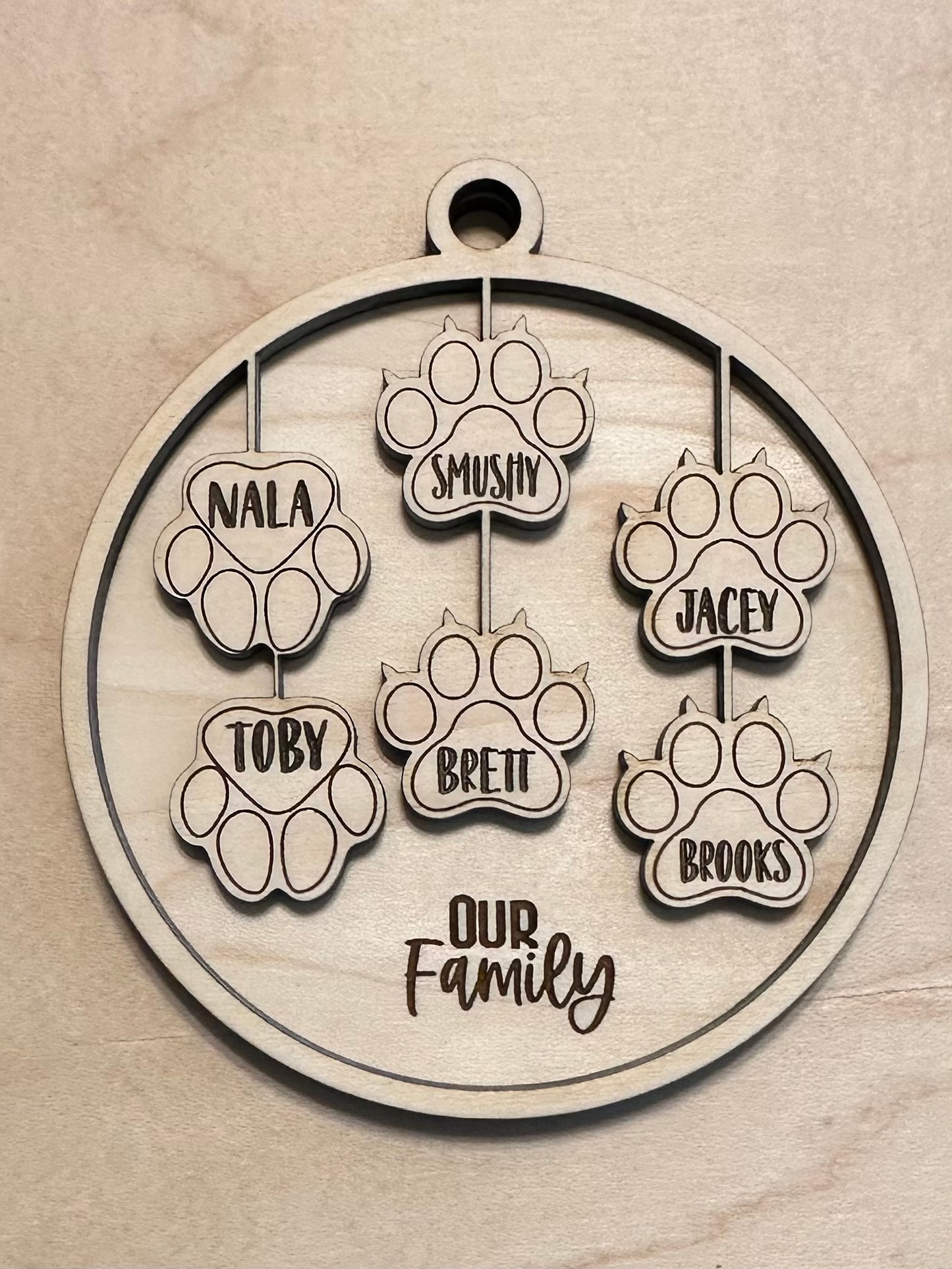 Our Family with Pet Paws - Personalized Wood Engraved Ornament