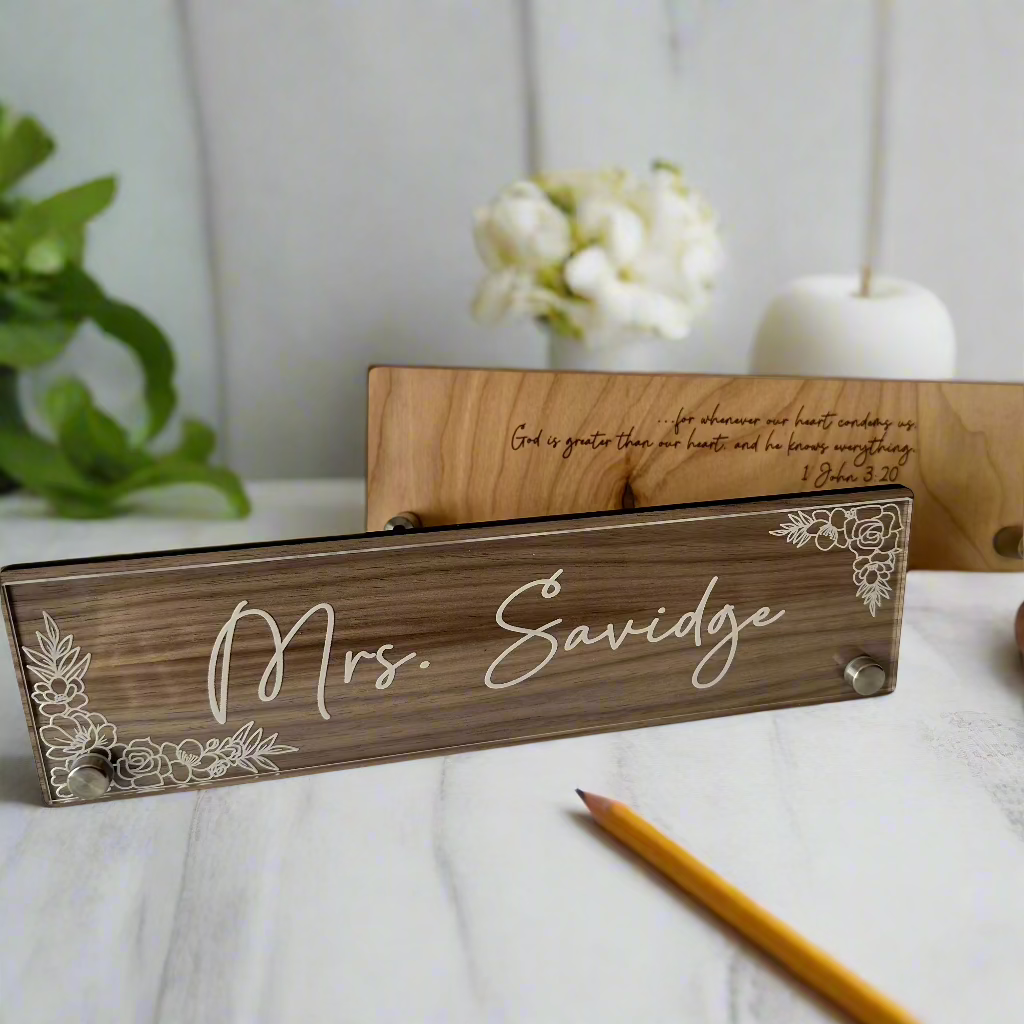 Desk Name Plate - Engraved Acrylic and Walnut