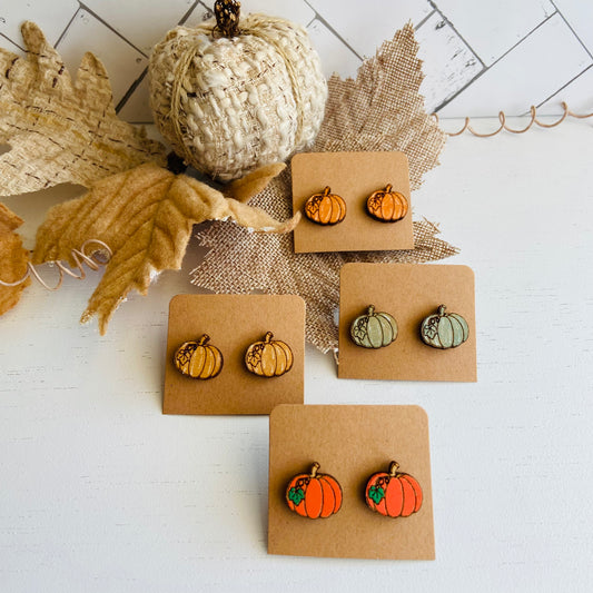 Pumpkin with Vine - Hand-painted Wood Earrings