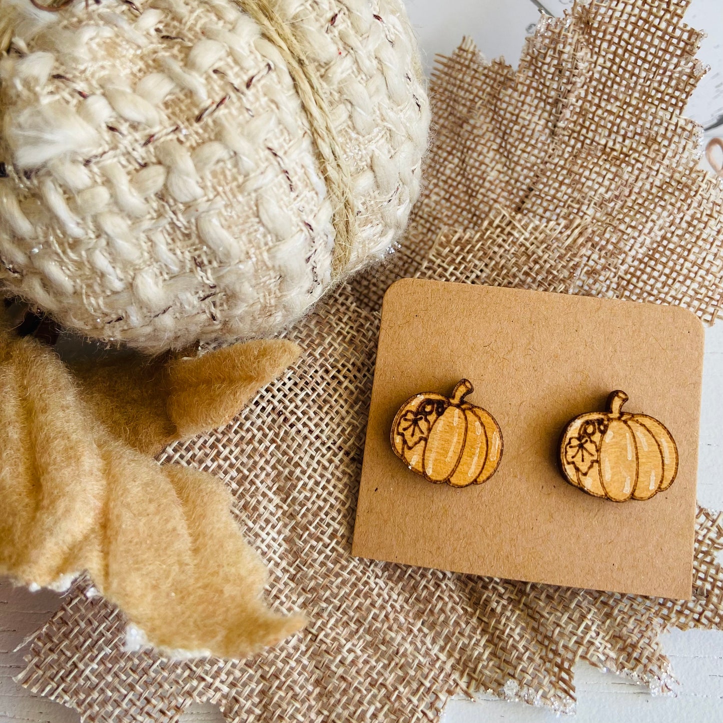 Pumpkin with Vine - Hand-painted Wood Earrings