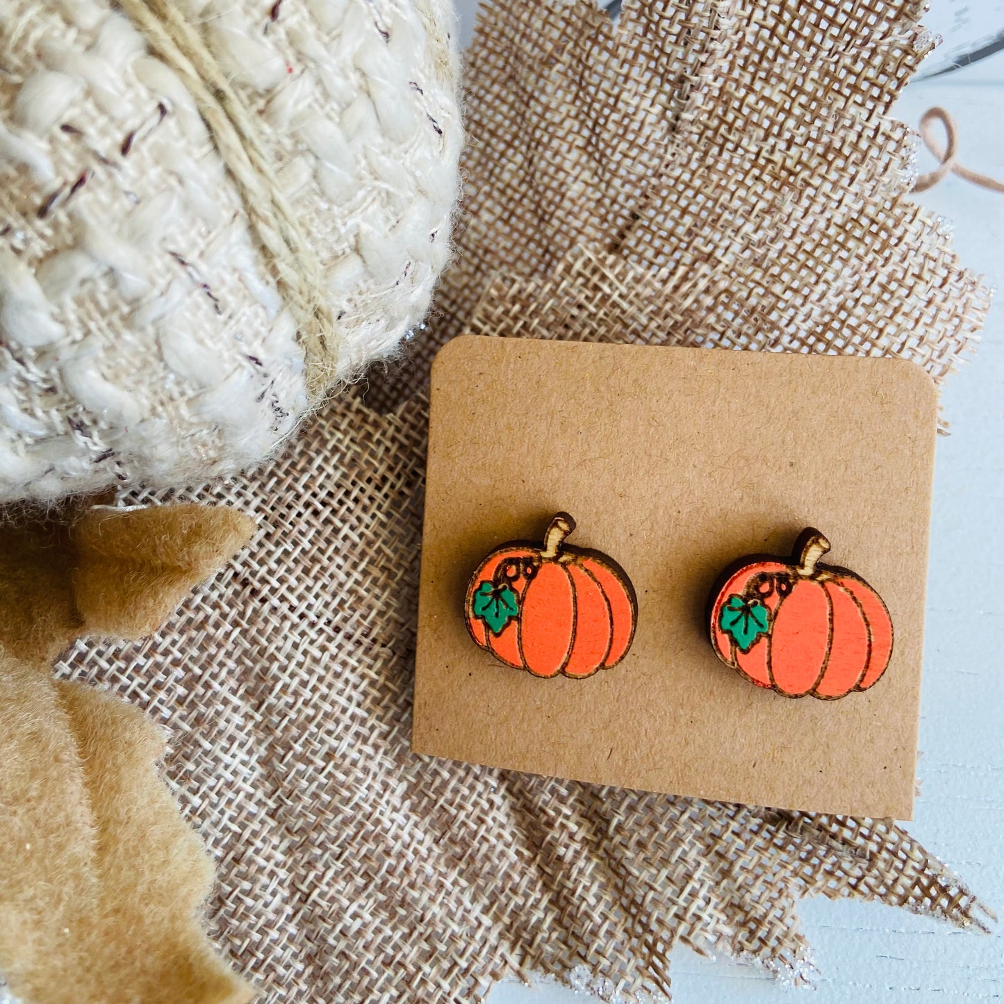 Pumpkin with Vine - Hand-painted Wood Earrings