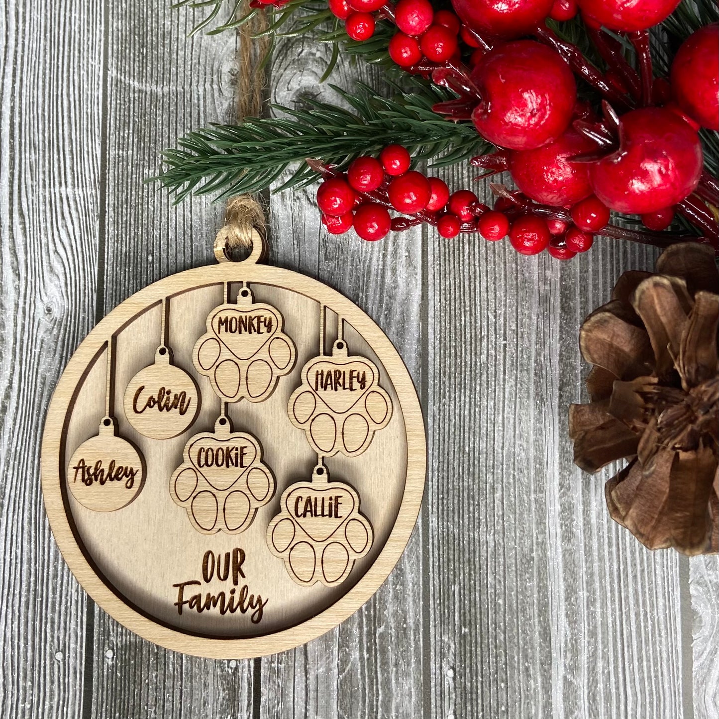 Our Family with Pet Paws - Personalized Wood Engraved Ornament