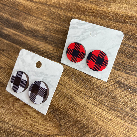 Buffalo Check Wood Circle Stud Earrings